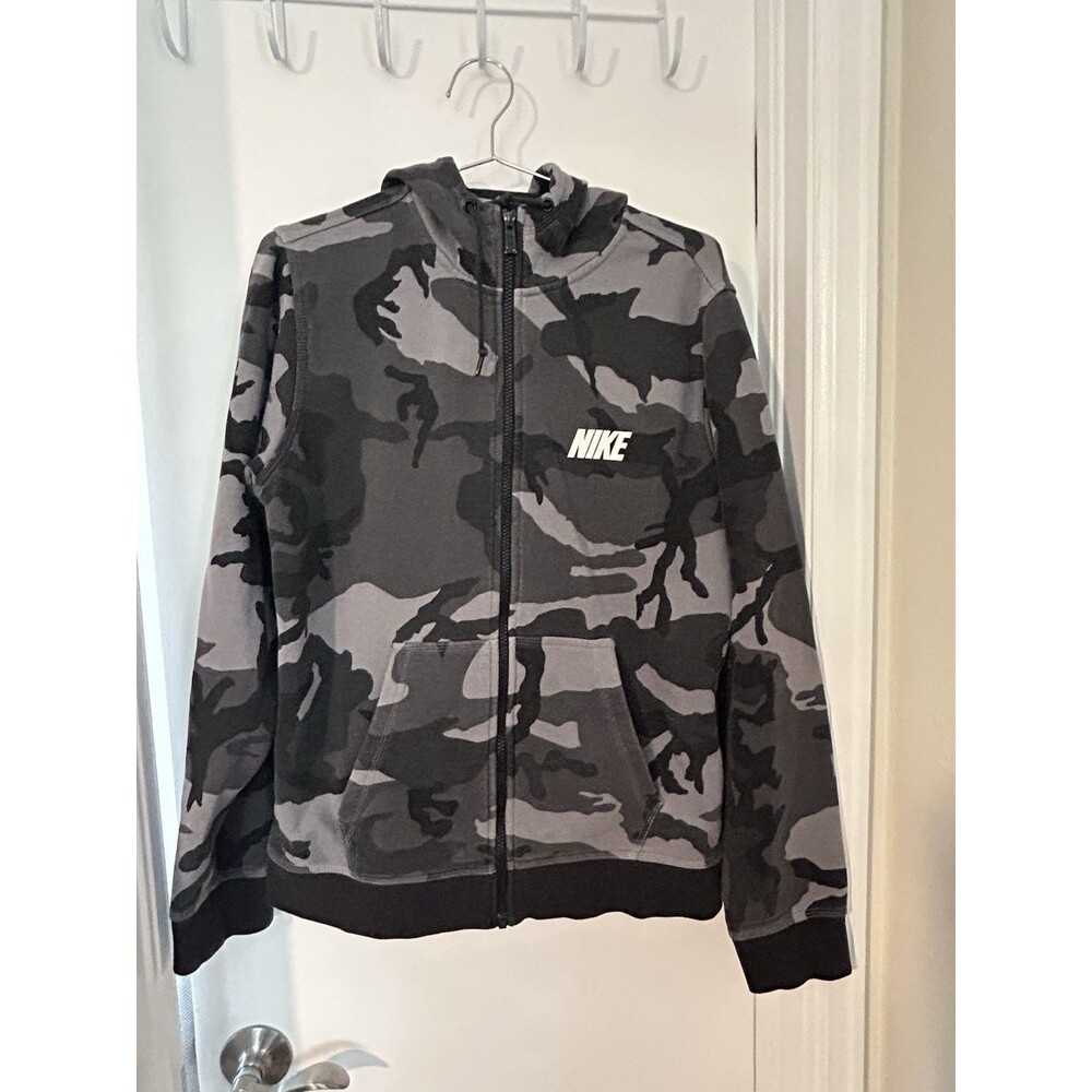 Nike Gray Black White Camo Hoodie Men’s Large Zip Up Front Logo Pockets